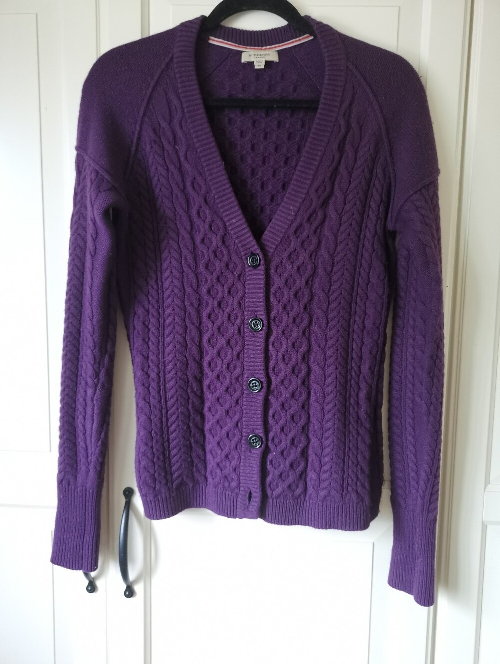 BURBERRY LONDON Purple Wool Cashmere Cable Knit Peplum Cardigan Sweater M